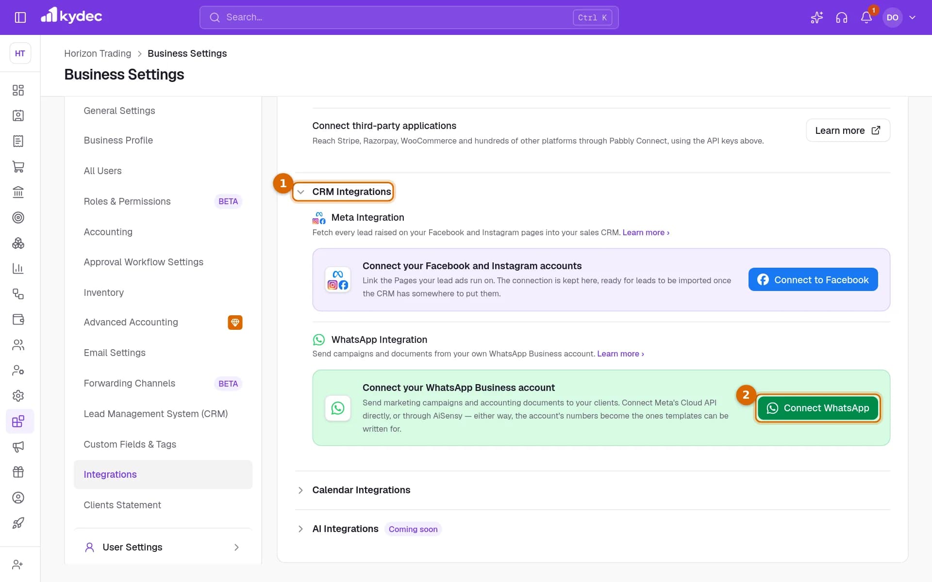 The Integrations tab with the CRM Integrations section open and the Connect WhatsApp button marked.