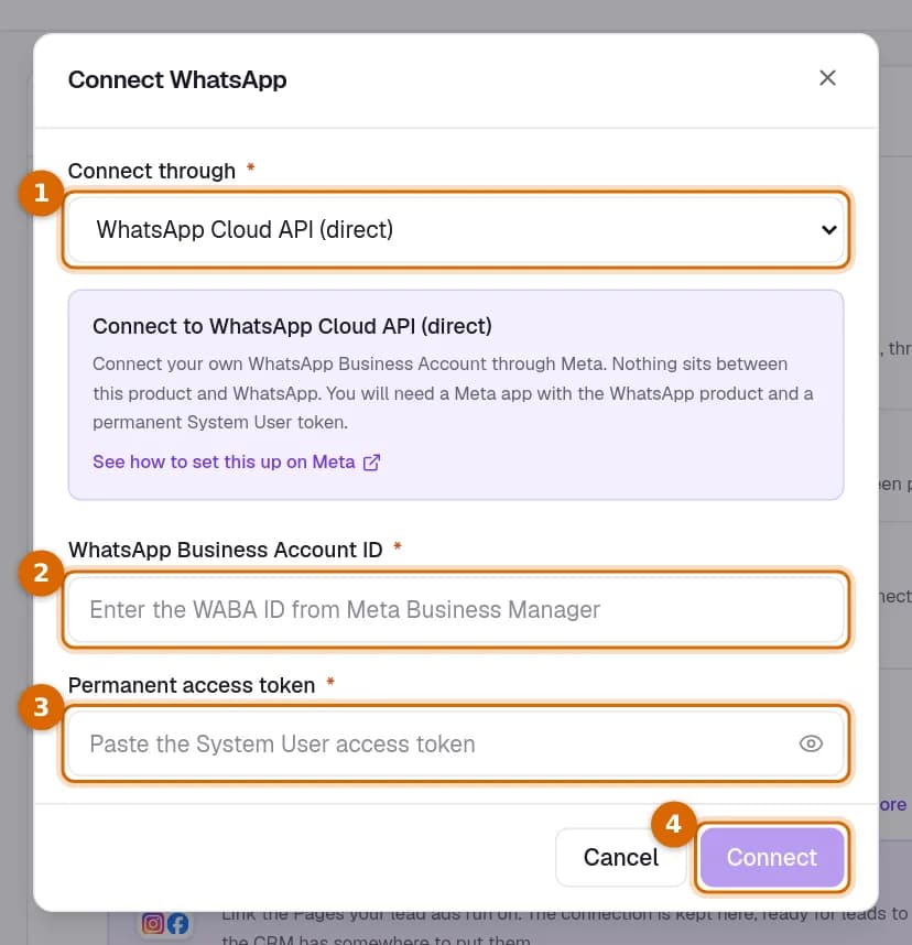 The Connect WhatsApp dialog with the Connect through list, the account field, the key field and the Connect button marked.