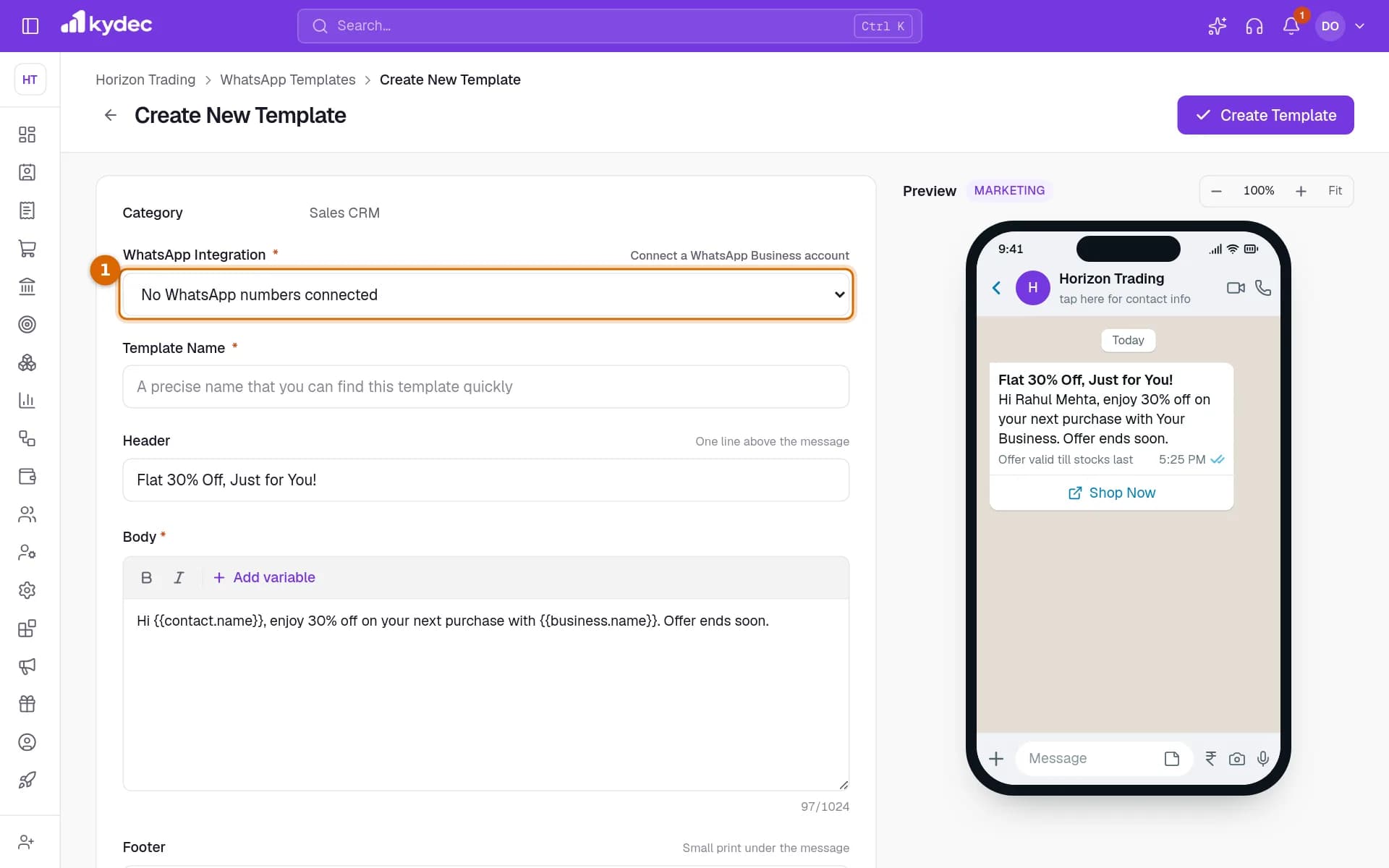 The new WhatsApp template form with the WhatsApp Integration field marked.