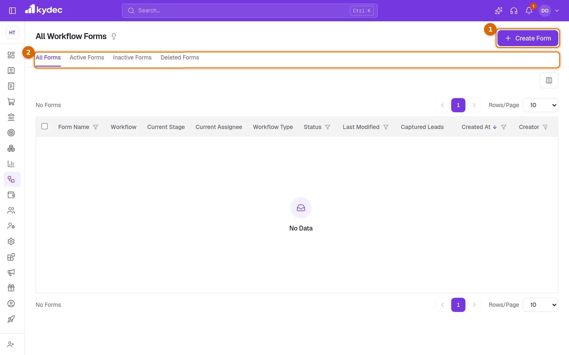 The All Workflow Forms list with the Create Form button and the tabs marked.