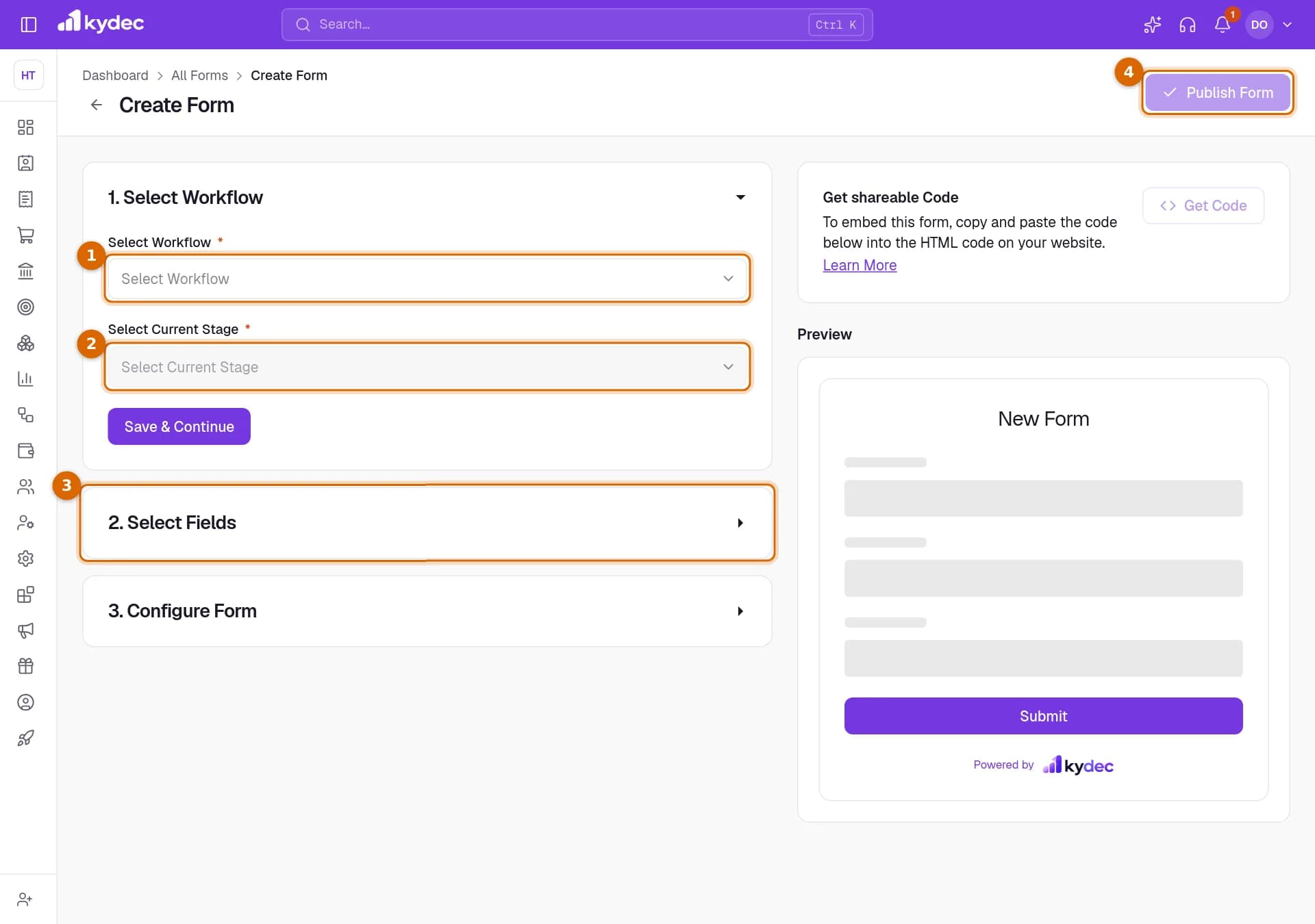 The Create Form page for a workflow form, with the Select Workflow and Select Current Stage fields, the Select Fields part and the Publish Form button marked.