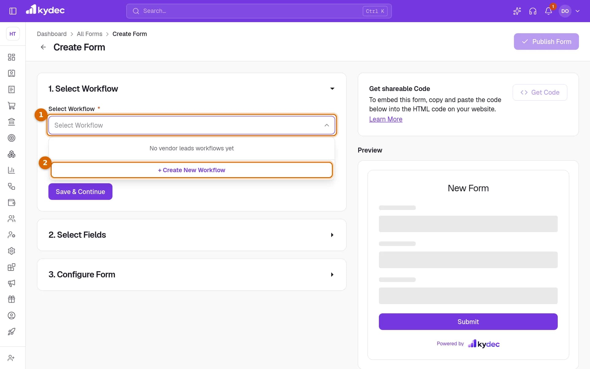 The Select Workflow list open on the Create Form page, with the list and the Create New Workflow link marked.